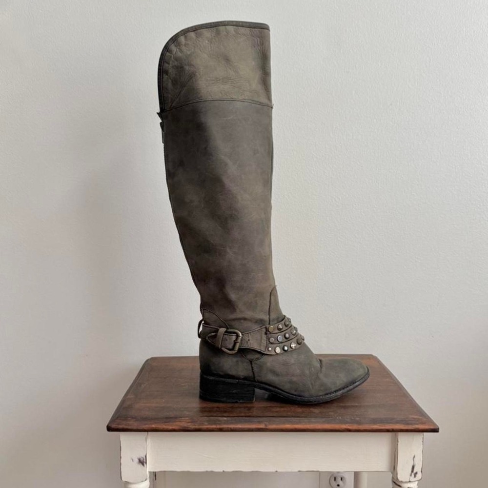 Y2K Steve Madden Moto Boho Boot Green Grey Moto Stud Knee High Glam Leather